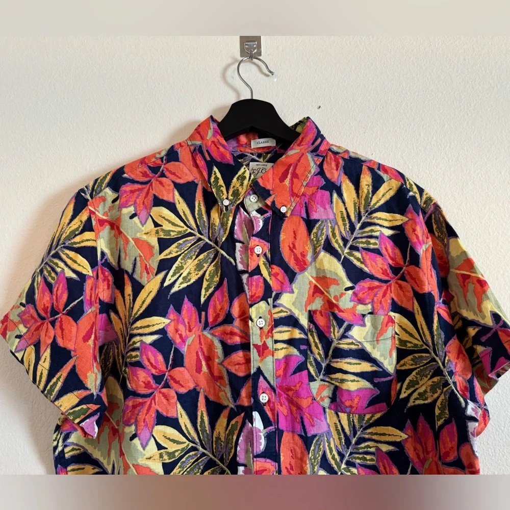 J.crew Classic Short-sleeve 100% linen shirt in tropical print Hawaii beach